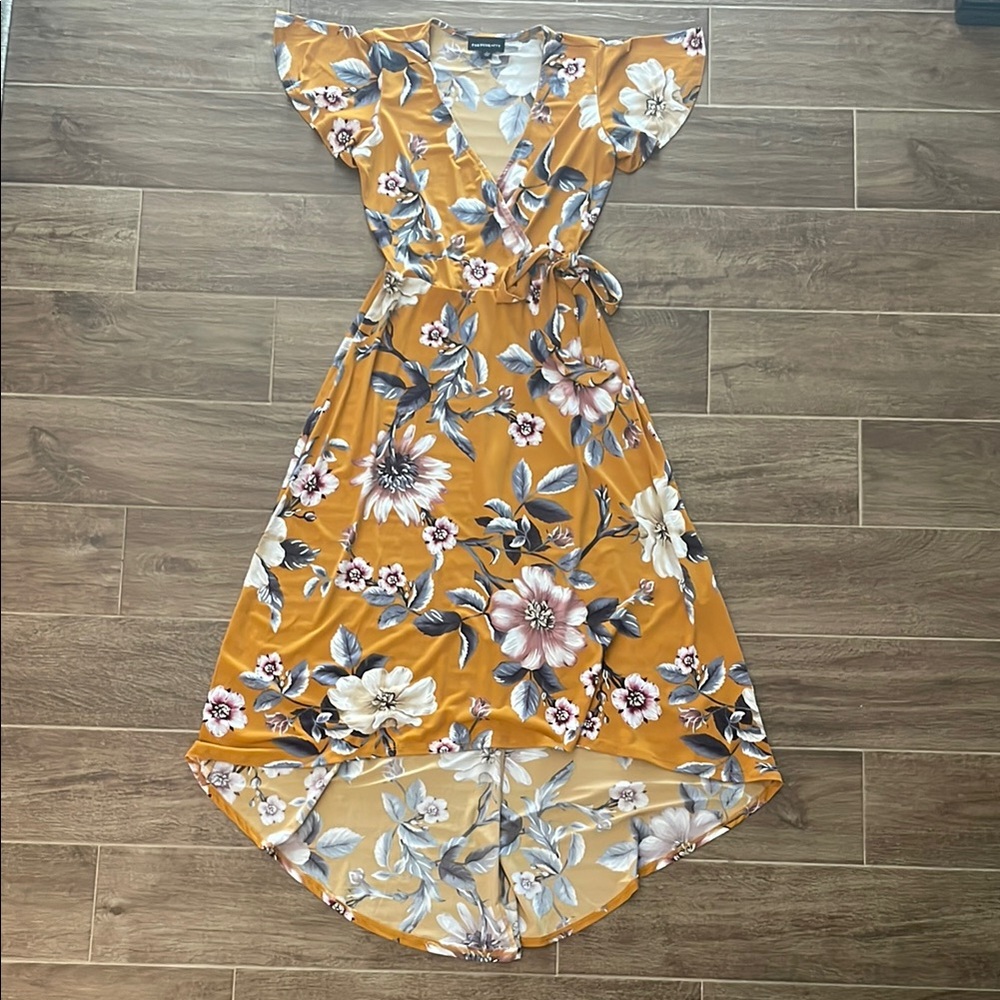 Elegant Floral High-Low Dress in Mustard